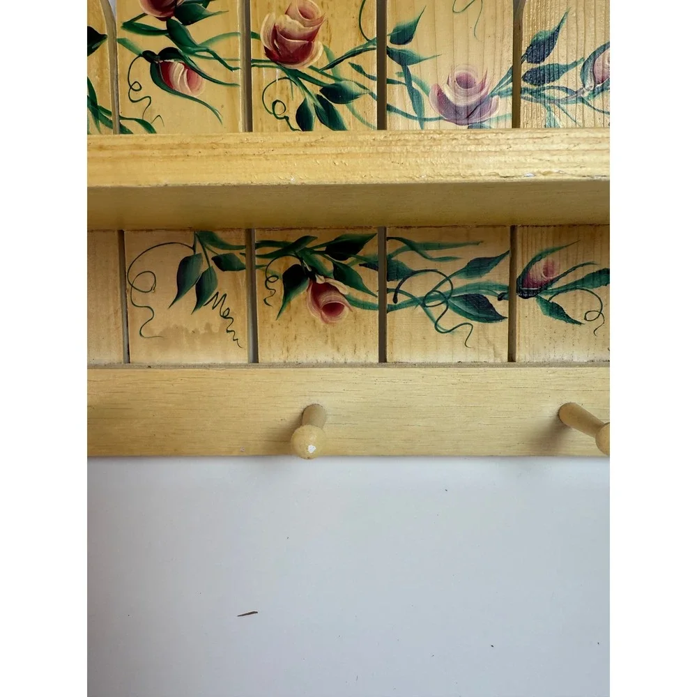 Vintage Hand Painted Wood Picket Fence Wall Shelf Pink Roses 3 Peg Rack 15in